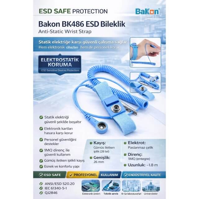 BAKON BK486 ESD BİLEKLİK BK486 ESD ANTİSTATİK KABLOLU BİLEKLİK